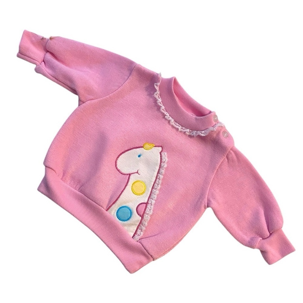 Vintage Cradle Charmers Baby Sweater - Pink Giraffe Embroidery - 3/6M